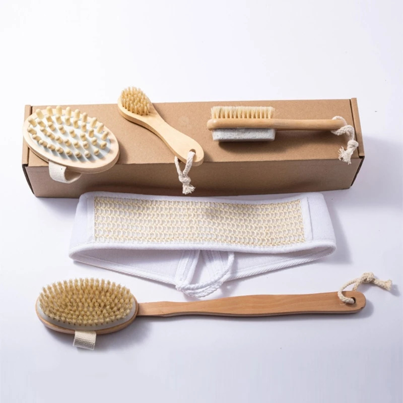 5Pieces Natural Bristle Bath Brush Set Exfoliating Promote Blood Circulations Massage Brush Wooden Body Dry Brush Drop 240624