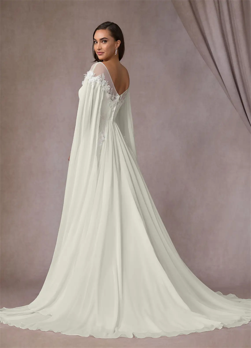 Fantasy Boho Chiffon A-Line Wedding Dresses Cape Sleeves Open Back Lace Appliques Pleats Long Country Beach Bridal Gowns