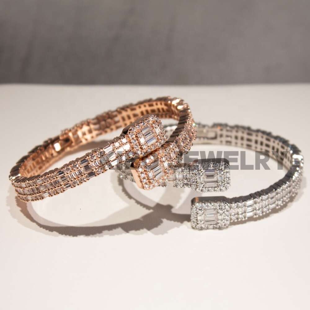 Fine Hip Hop Jewelry Sterling Silver Vvs Baguette Moissanite Diamond Bracelet Bangles