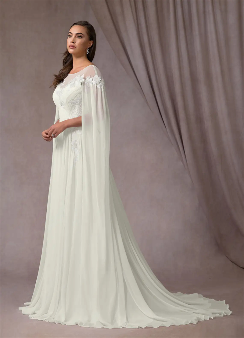 Fantasy Boho Chiffon A-Line Wedding Dresses Cape Sleeves Open Back Lace Appliques Pleats Long Country Beach Bridal Gowns