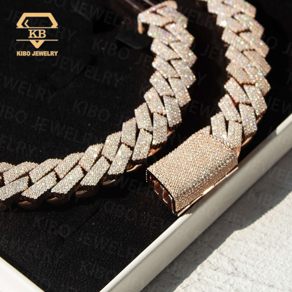 20mm 4 Rows High Quality Sterling Silver Iced Out Prong Setting Vvs Moissanite Diamond Rose Plated Cuban Link Chain