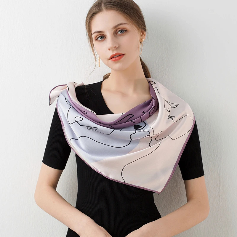 Women Square Silk Scarves Wraps Print Bufanda 100% Hangzhou Real Silk Bandana Foulard Femme Handkerchief 14mm Square Satin Scarf 240625