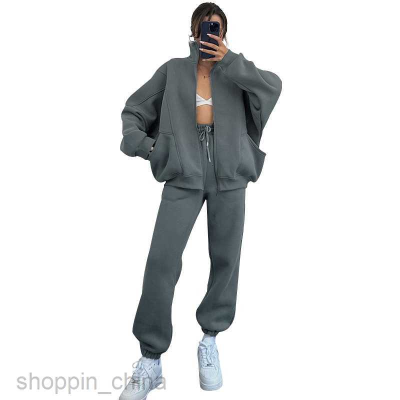 Women's Tracksuits autumn and winter solid color collar cardigan long sleeved hoodie women's fashion casual pants set Sets