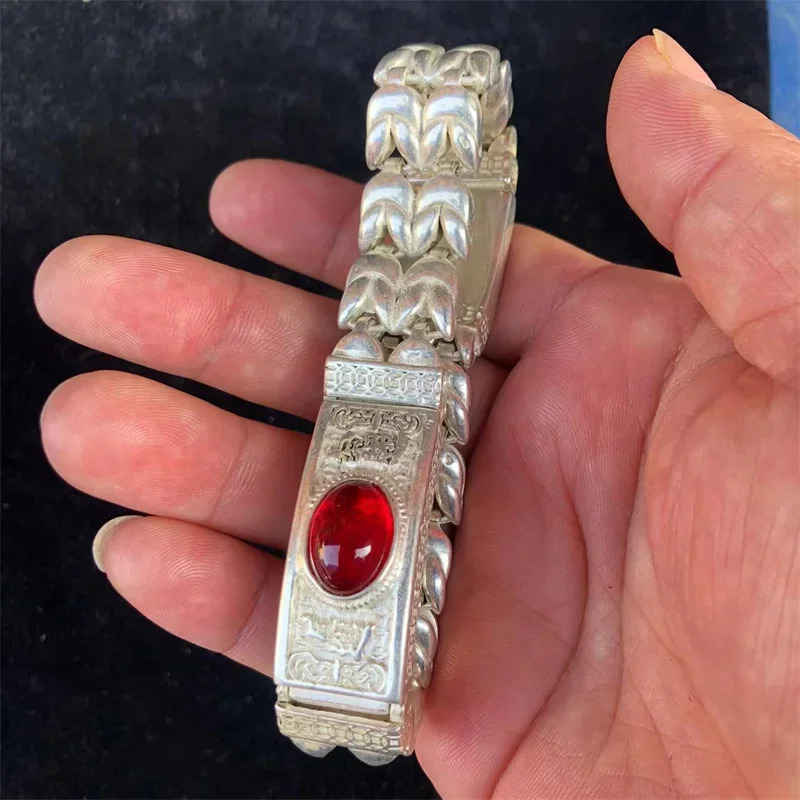 Mai ChuangTibetan Silver Ethnic Style Retro Doing Old Inlaid Gemstone Bracelet Bangle Men AndWomen Fine Jewelry Fashion Gift 240624