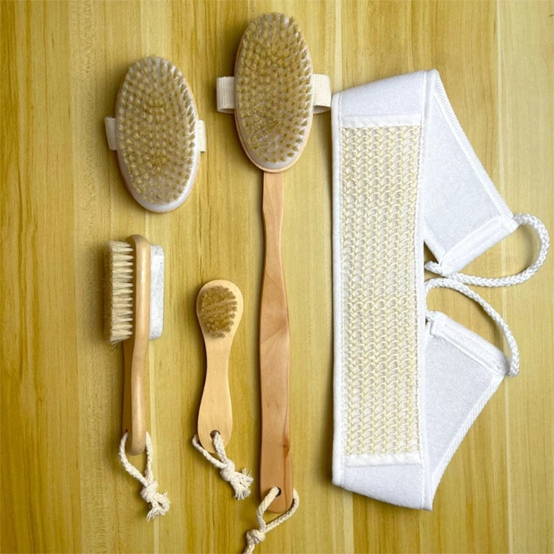 5Pieces Natural Bristle Bath Brush Set Exfoliating Promote Blood Circulations Massage Brush Wooden Body Dry Brush Drop 240624