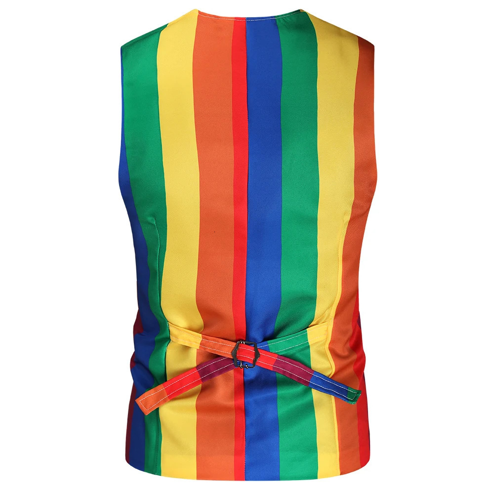 Mens Sleeveless Suit Vests Fashion Rainbow Striped Print Buttons Blazer Waistcoat Male Plus Size Formal Business Jacket Vest 4XL 240615