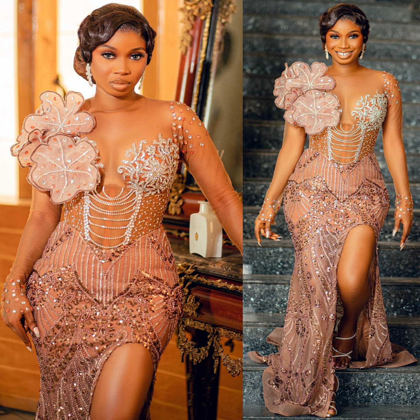 2024 Plus Size Champagne Illusion Mermaid Prom Dresses For Special Occasion Florals Beaded Crystals Formal Party Second Reception Birthday Engagement 