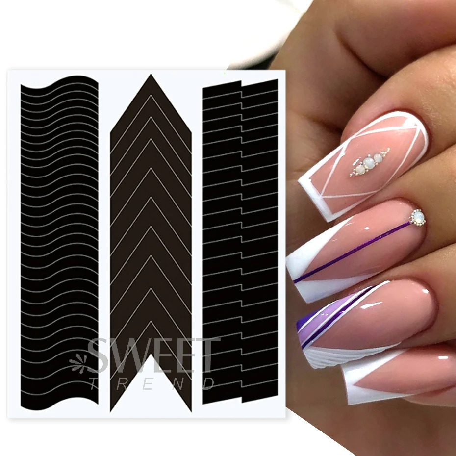 French Stripe Line Nail Shape Edge Tip Guide Ripple Oblique Spray Template Sticker Creative Template DIY Hand Tool Decoration 240625