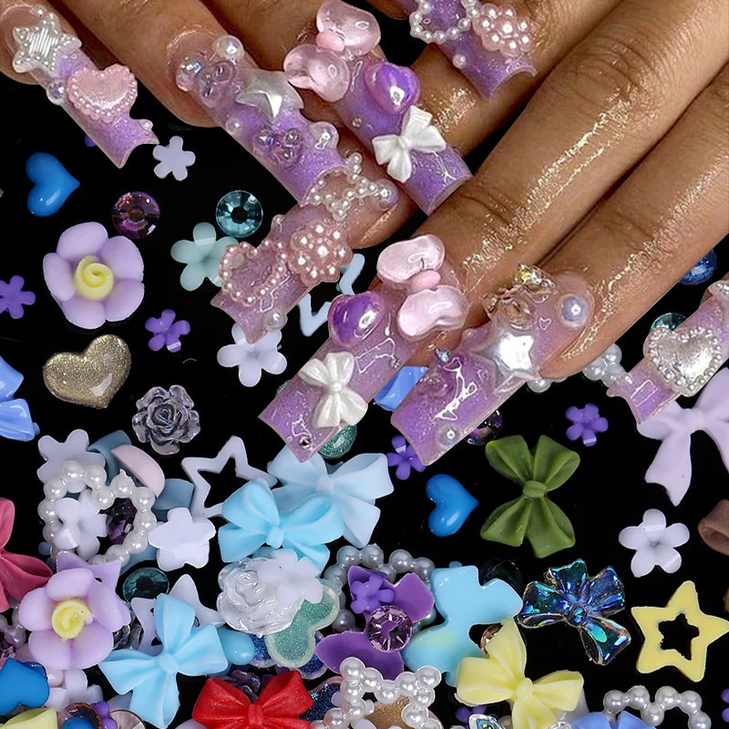 100 pieces of pearl pink bow heart-shaped mixed nail decoration Kawaii nail art charm star butterfly DIY nail accessories 240625
