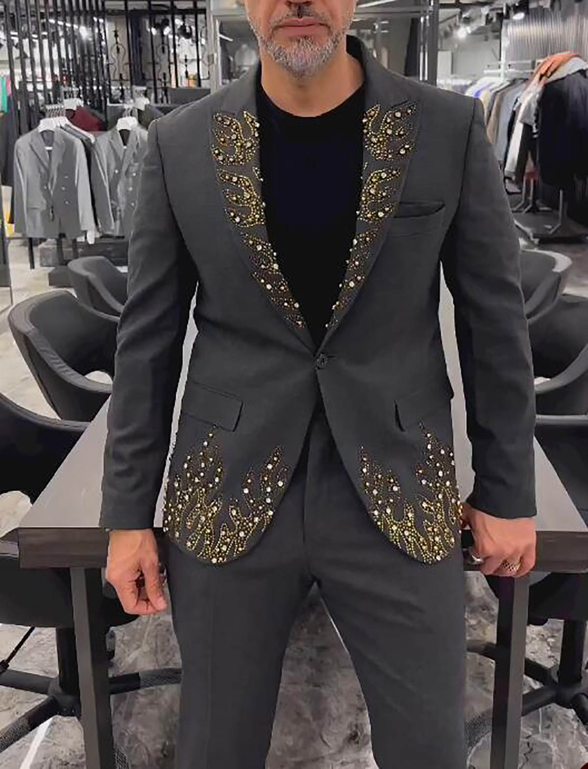 Mens Wedding Suit Tuxedo Peaked Lapel Blazer Groom Coat Pearls Rhinstone Evening Vintage Party Prom Custom Made Just One Jacket