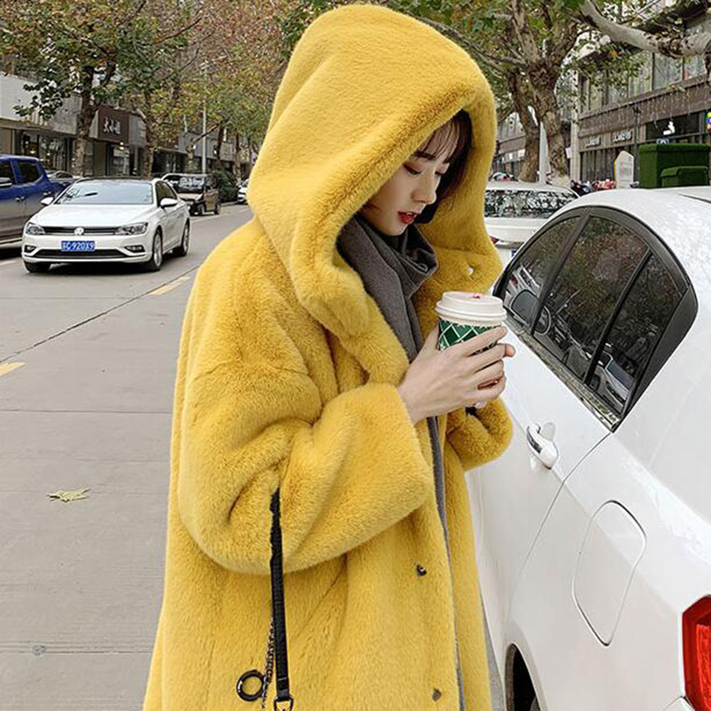 Winter Women High Quality Faux Rabbit Long Fur Coat Loose Lapel OverCoat Thick Warm Big Size Female Plush Coats F6.26#105