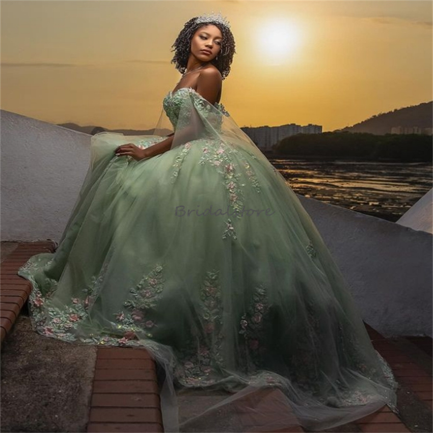 Mint Green Florals Vestidos De 15 Quinceanera Dresses Cape Sleeves Lace Up Vestido De Xv Sweet 16 Dress Fifteen Party Birthday Gown Charro Debutante P