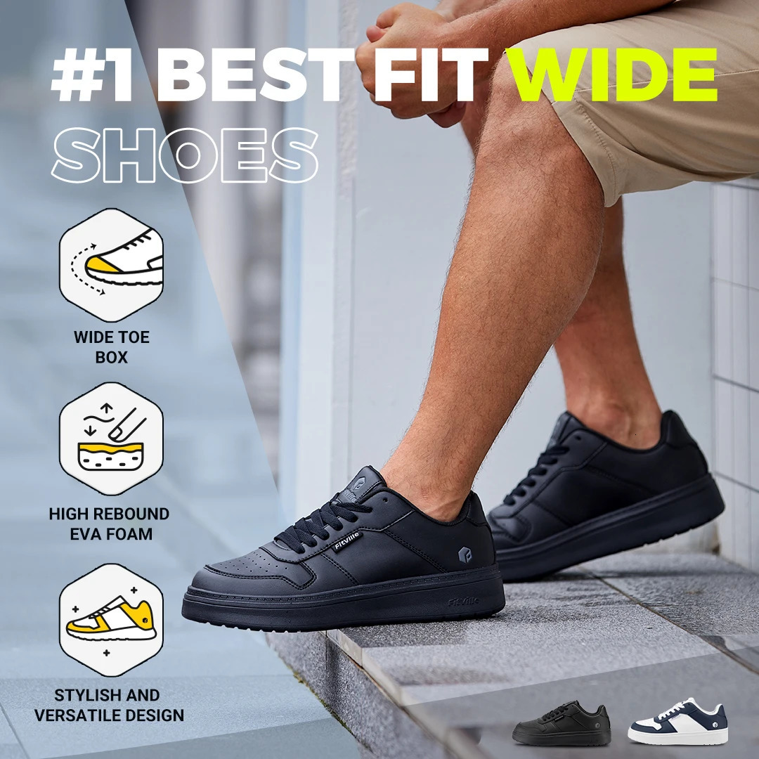 FitVille Wide Mens Flat Sneakers Casual Shoes Lightweight Breathable Walking for Swollen Feet Dayily Gym Vulcanized Shoes 240626