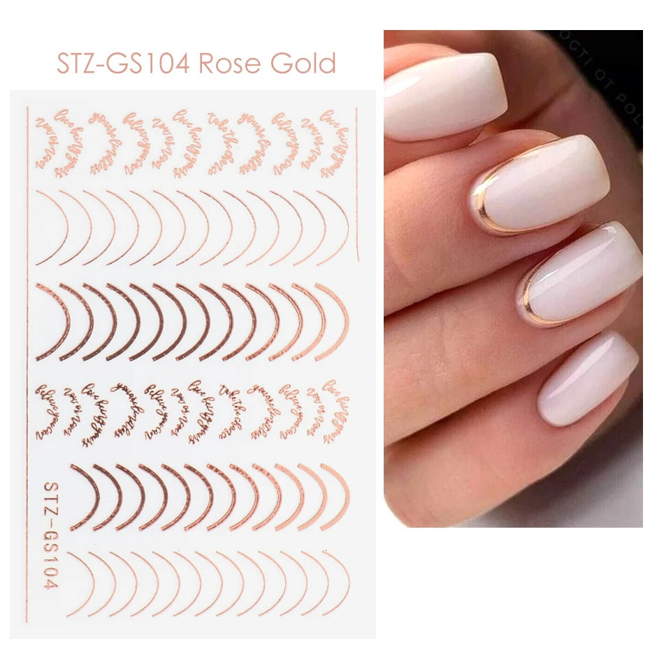 Three 3D simple line nail stickers Rose gold metal strip letter decal curve gel nail art slider polishing hand decorative foil 240625