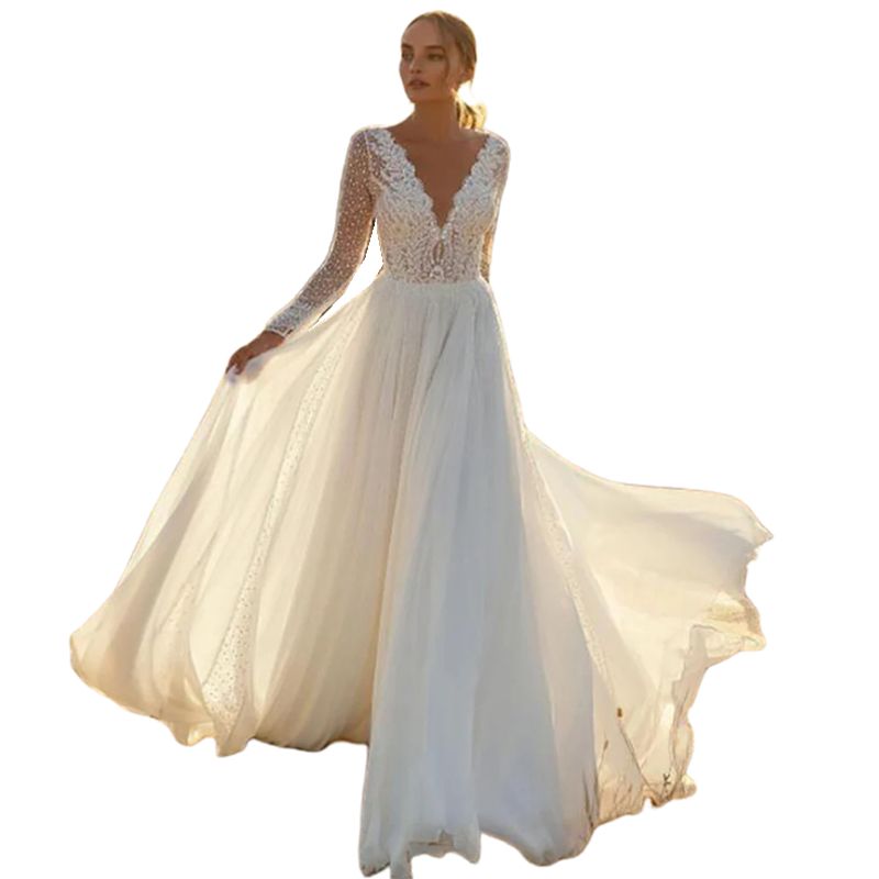 Long Sleeves Beach Wedding Dresses Sexy Backless Sheer V-Neck Sequins Lace Top Ivory A-Line Tulle Boho Wedding Gowns For Bride