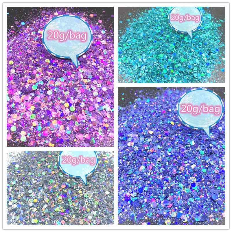 20g/bag Laser Hexagon Holographic Chunky Glitter Nail Tips Glitter Powder Mermaid Flakes Sparkly Glitter Resin Crystal mud 240625