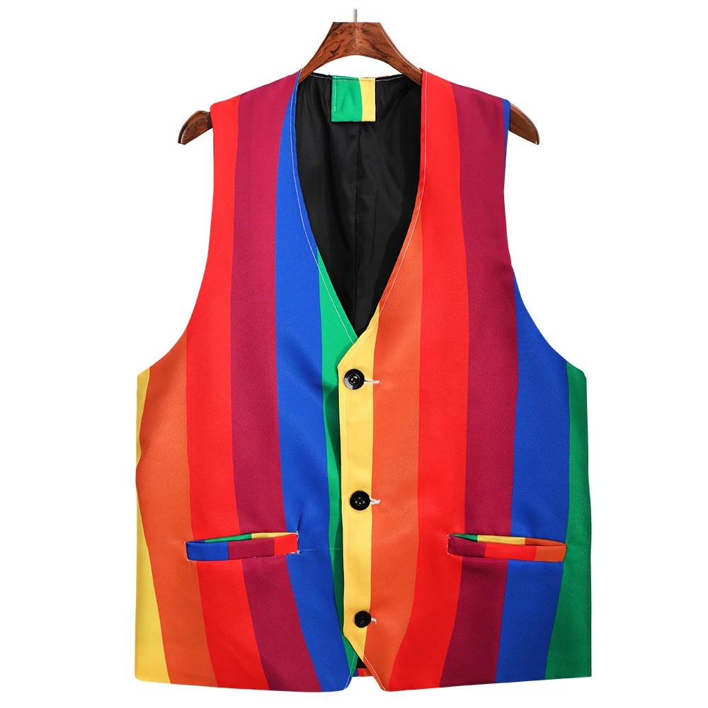 Mens Sleeveless Suit Vests Fashion Rainbow Striped Print Buttons Blazer Waistcoat Male Plus Size Formal Business Jacket Vest 4XL 240615