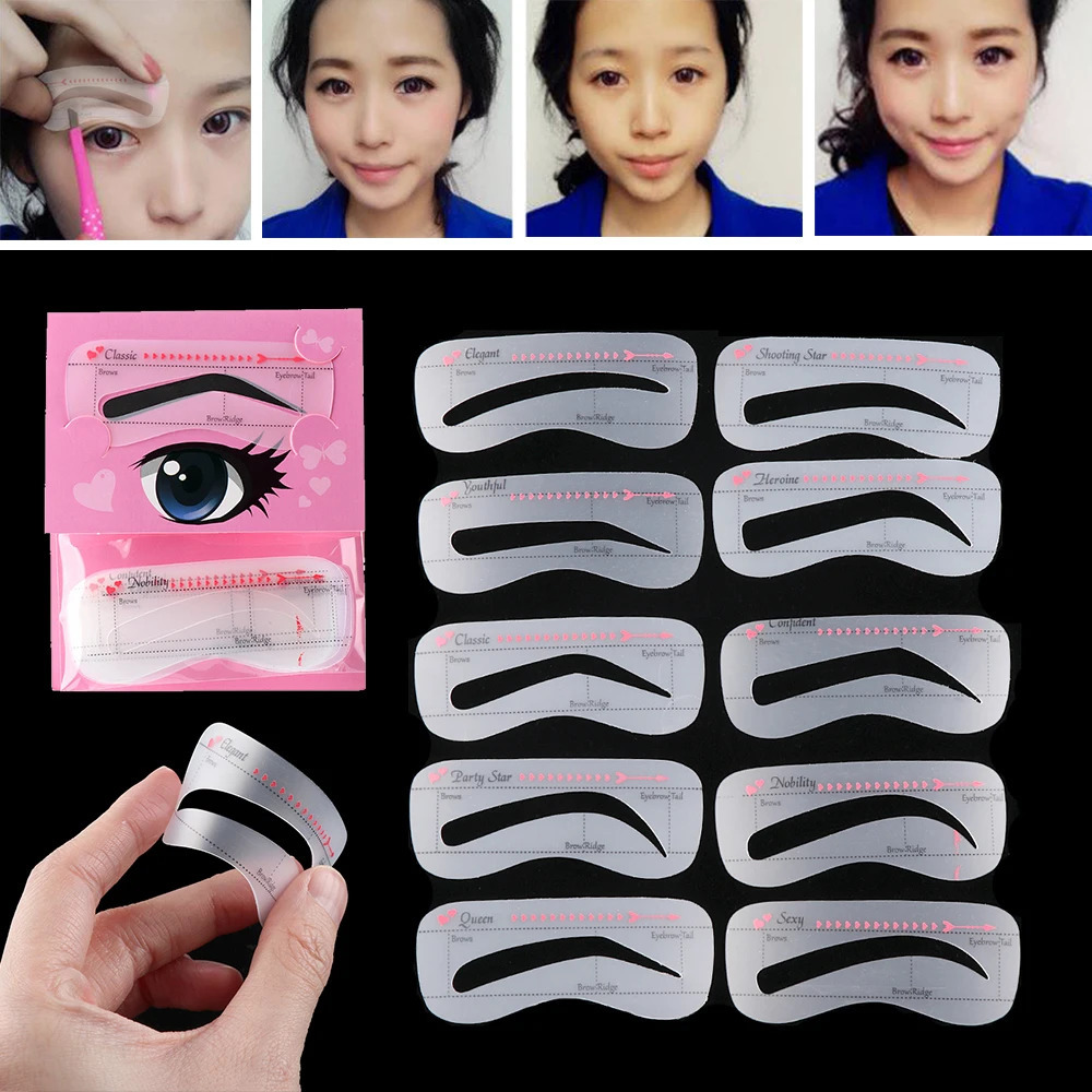 10PCS Women Fashion Eyebrow Stencil Reusable Grooming Shaper Template Eye Makeup Tools Stickers Eyebrow Tattoo Cosmetic 240626