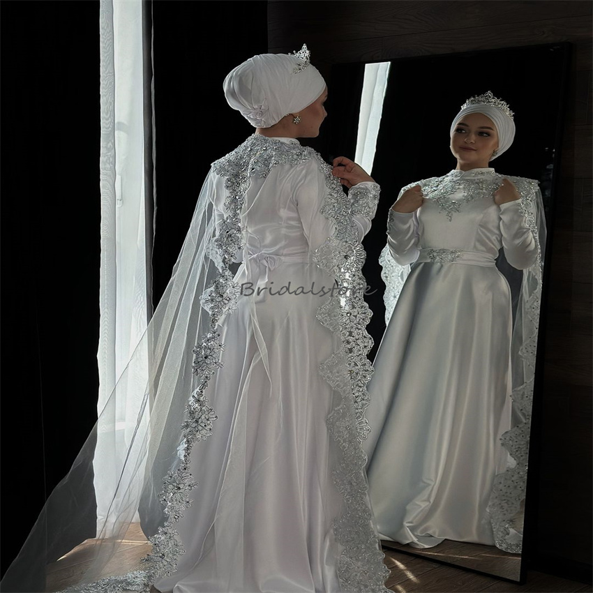 Arabic Islamic Muslim Wedding Dresses With Cape High Neck Long Sleeve Silver Appliques Lace Abayas Bride Dress Muslimah Bridal Dress Vestios De Novia 