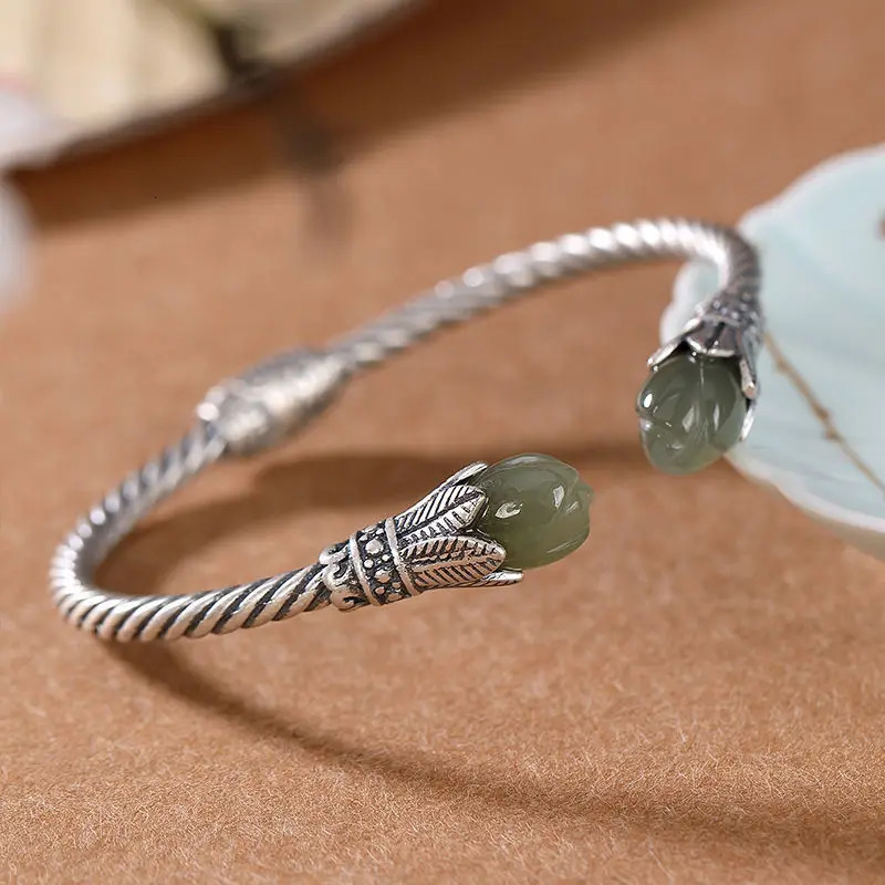 Original S925 Sterling Silver Hetian Jade Gray Jade Personality Magnolia Antique Distressed Ladies Open-Ended Bracelet 240624