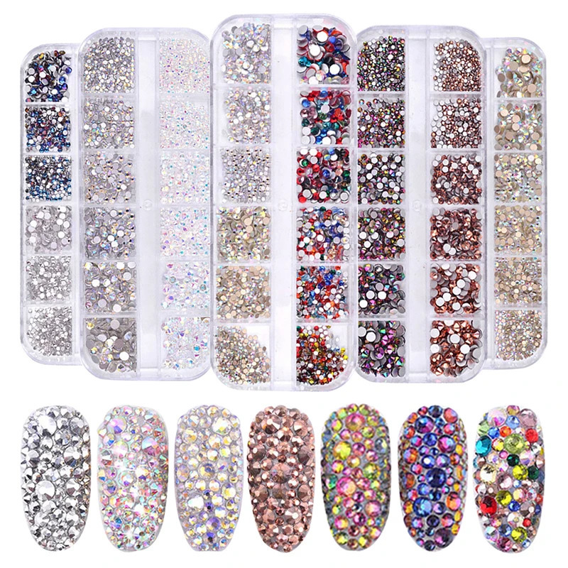 Nail Art Water Diamond 6/12 Grid Box Nail Beads AB Crystal Flat Back Pearl Gemstone with Storage Manager Used for Nail Decoration 240625