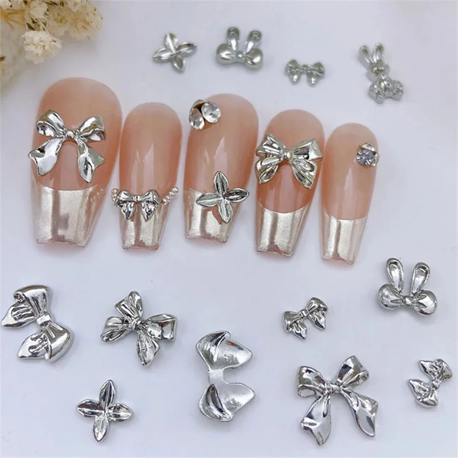 10 pieces/bag Metal 3D Bow Grey Gold Jewelry Nail Art Decoration Studs Charming Rhinestone Handmade Decoration DIY Women 240625