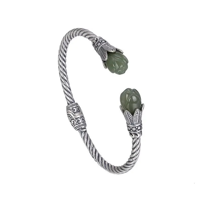 Original S925 Sterling Silver Hetian Jade Gray Jade Personality Magnolia Antique Distressed Ladies Open-Ended Bracelet 240624