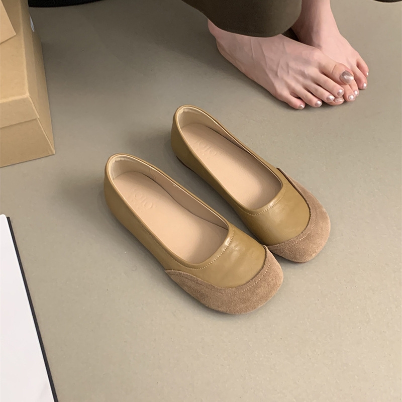 Soft and comfortable, Han Fan color-blocked 2024 spring new square head cowhide stitched shallow flat single shoes women sliver