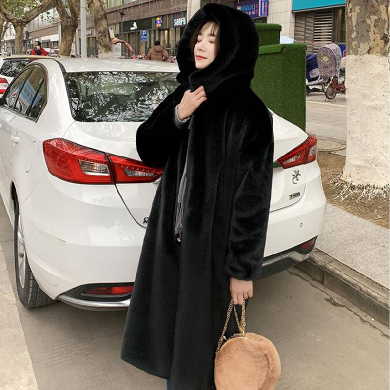 Winter Women High Quality Faux Rabbit Long Fur Coat Loose Lapel OverCoat Thick Warm Big Size Female Plush Coats F6.26#105