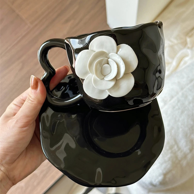 Handmade 3D Camellia Flower Black Coffee Afternoon Tea Cup Plate Ceramic Cup Gift Cup 240626
