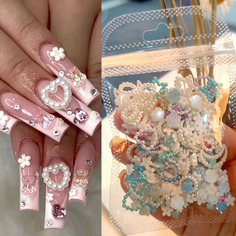 100 pieces/200 pieces mixed pearl nails Rhinestone 3D semi-circular pearl beads colored love star nails charming nail art DIY 240625
