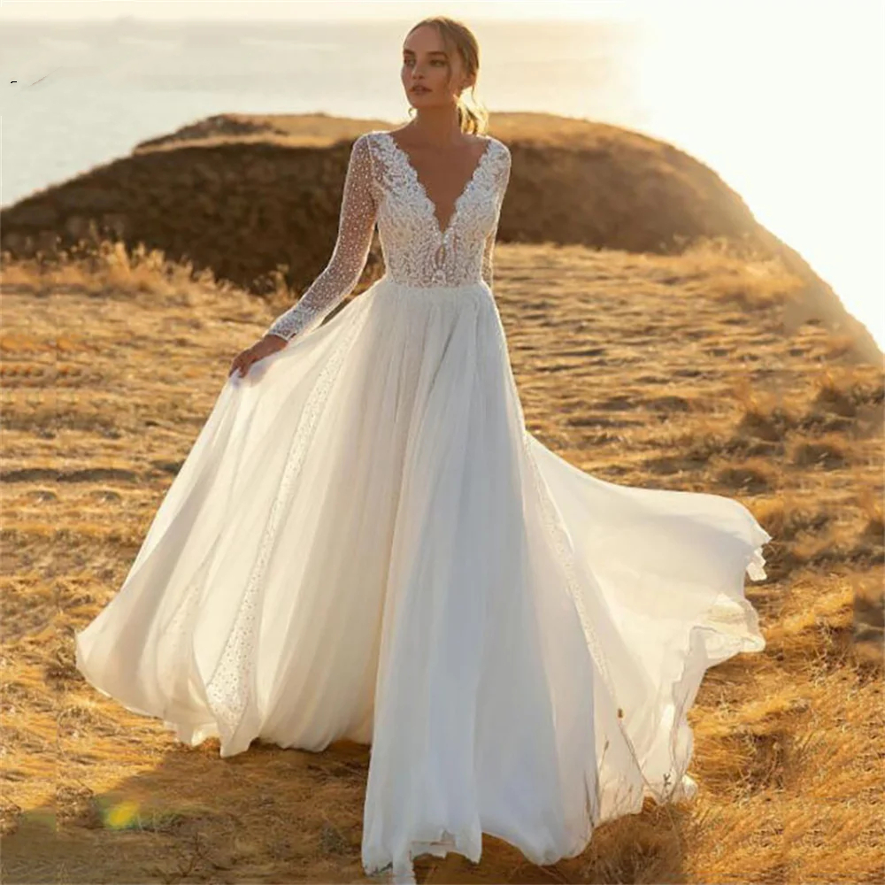 Long Sleeves Beach Wedding Dresses Sexy Backless Sheer V-Neck Sequins Lace Top Ivory A-Line Tulle Boho Wedding Gowns For Bride