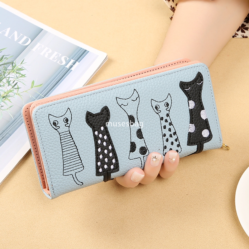 Fashionable women's designer temperament European and American cat cute cartoon embroidery thread lightweight and multifunctional zipper long wal