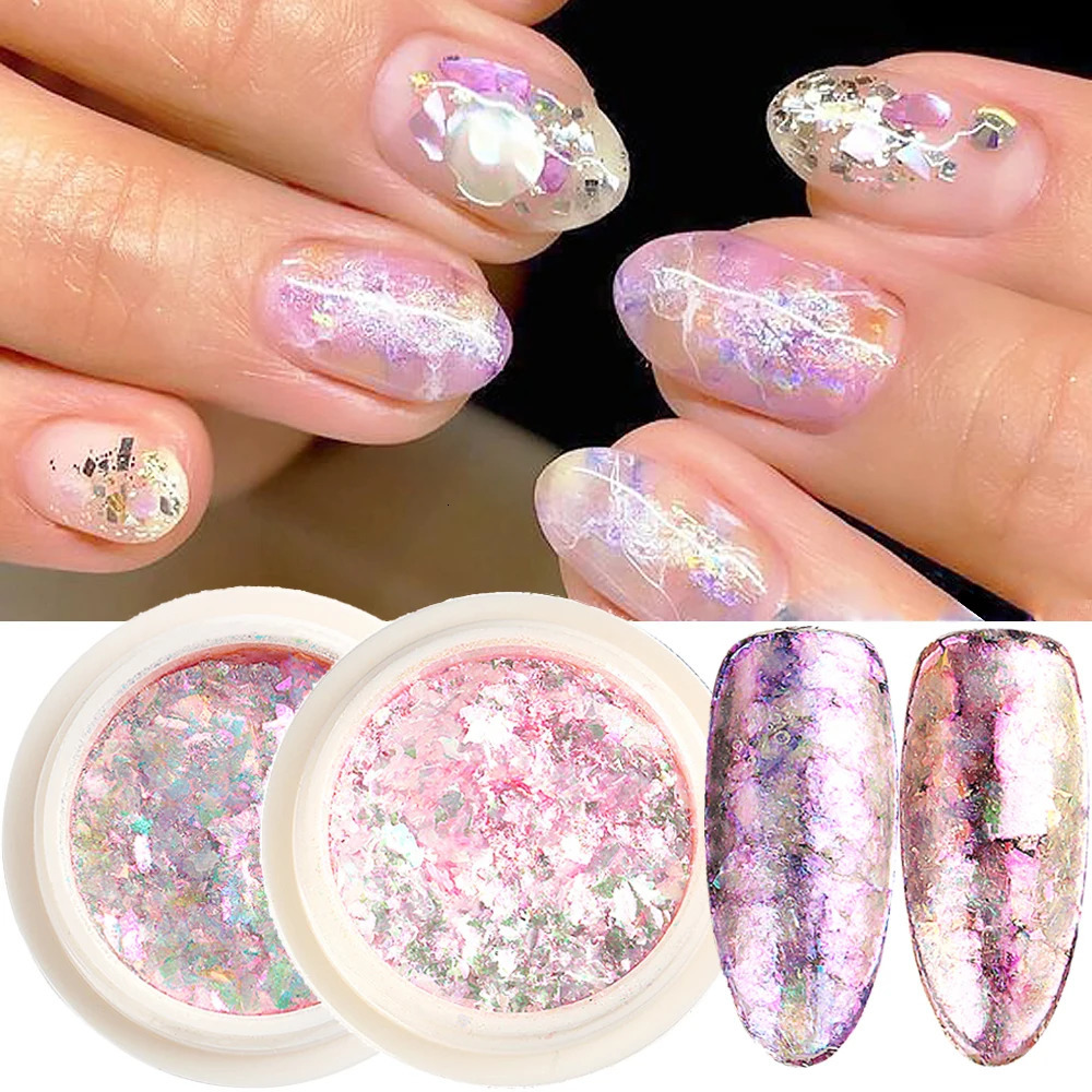 Crystal Opal Nail Flakes Pink Purple Holographic Glitter Nail Sequins Aurora Chrome Foil Powder DIY Manicure Decoration GLB-ONB 240625