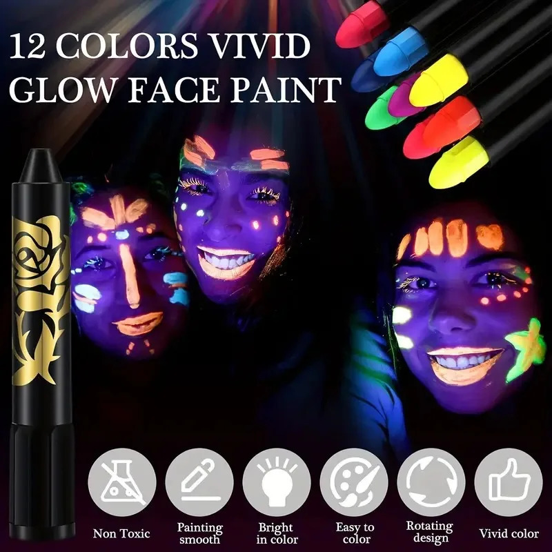 12PCS Fluorescent Paint Glow In The Dark Crayon Body Paint Washable Diy Face Painting Crayons Party Halloween Event Makeup Props 240626