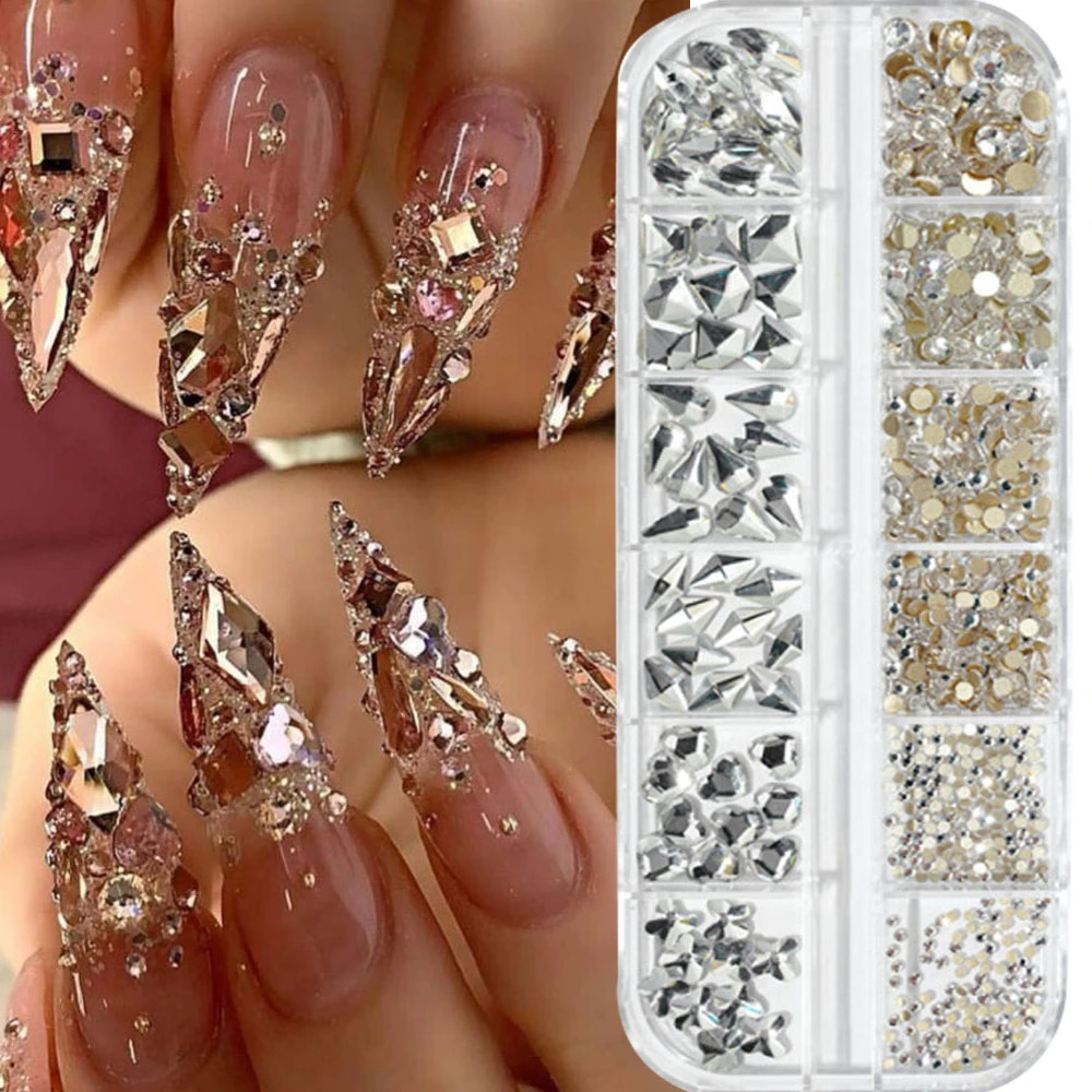 12 Grid/Box Crystal Nail Art Rhinestone Glass SS4-SS16 Nail Shining Tablet 3D DIY Nail Art Decoration 240625