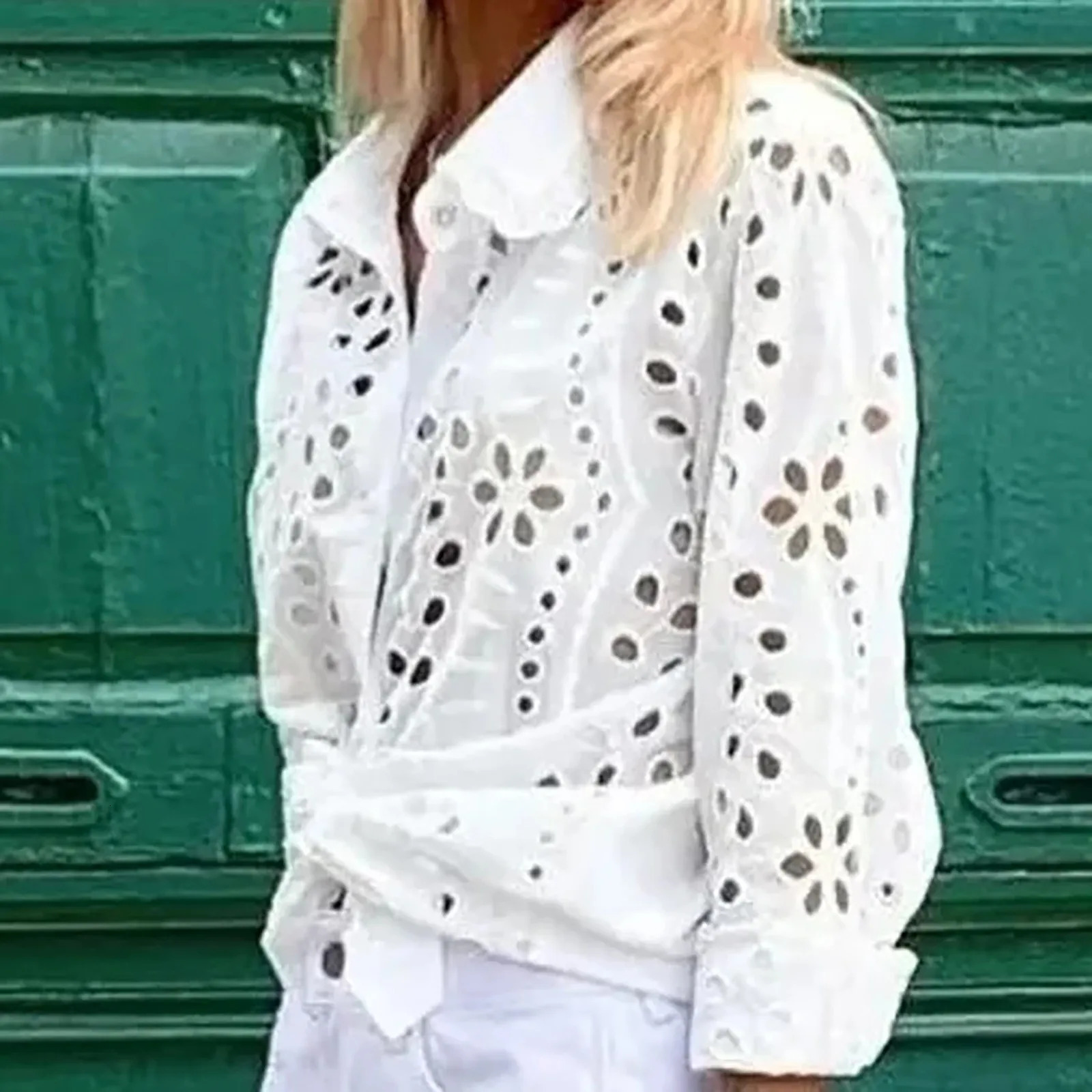 Elegant Eyelet Embroidered White Shirts: Crochet Lace Blouse Hollow Out Loose Top for Women