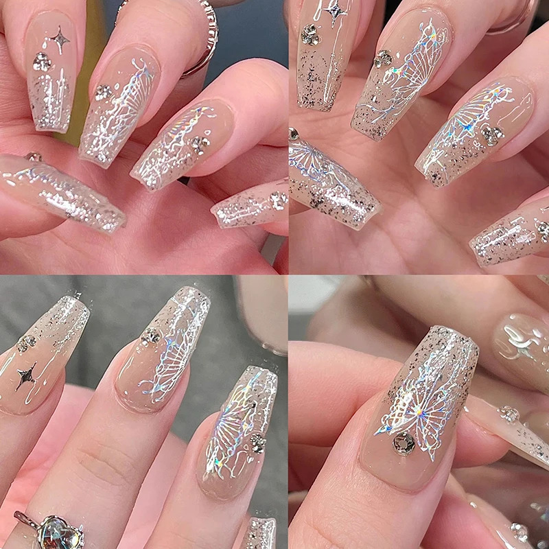 6 pieces/set of 3D laser butterfly stickers for nails DIY gold-plated slider packaging glue nail art stickers handmade charm 240625