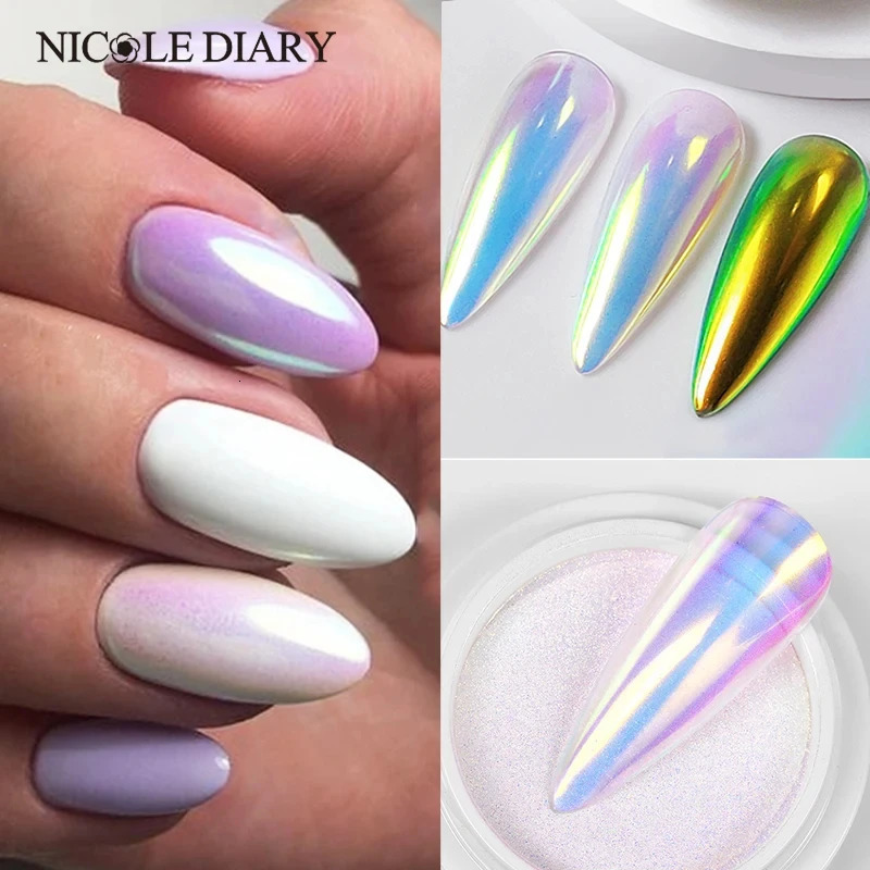 NICOLE DIARY Aurora Nail Powder White Chrome Pigment Pearl Rubbing Dust Mirror Effect Nail Art Glitter Manicure Nail Accessories 240625