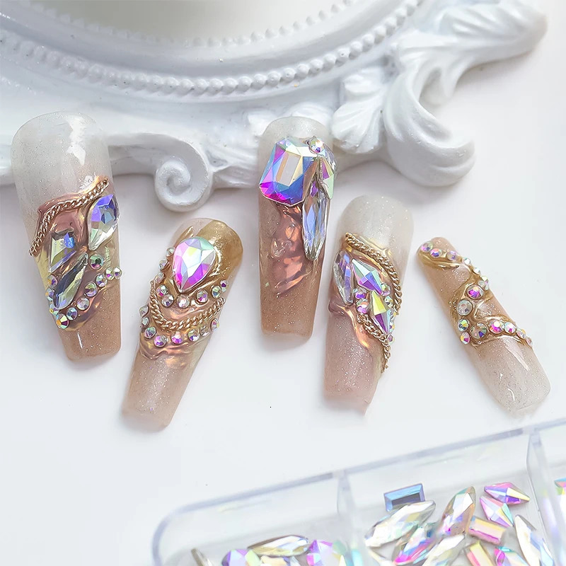 Nail Art Water Diamond 6/12 Grid Box Nail Beads AB Crystal Flat Back Pearl Gemstone with Storage Manager Used for Nail Decoration 240625