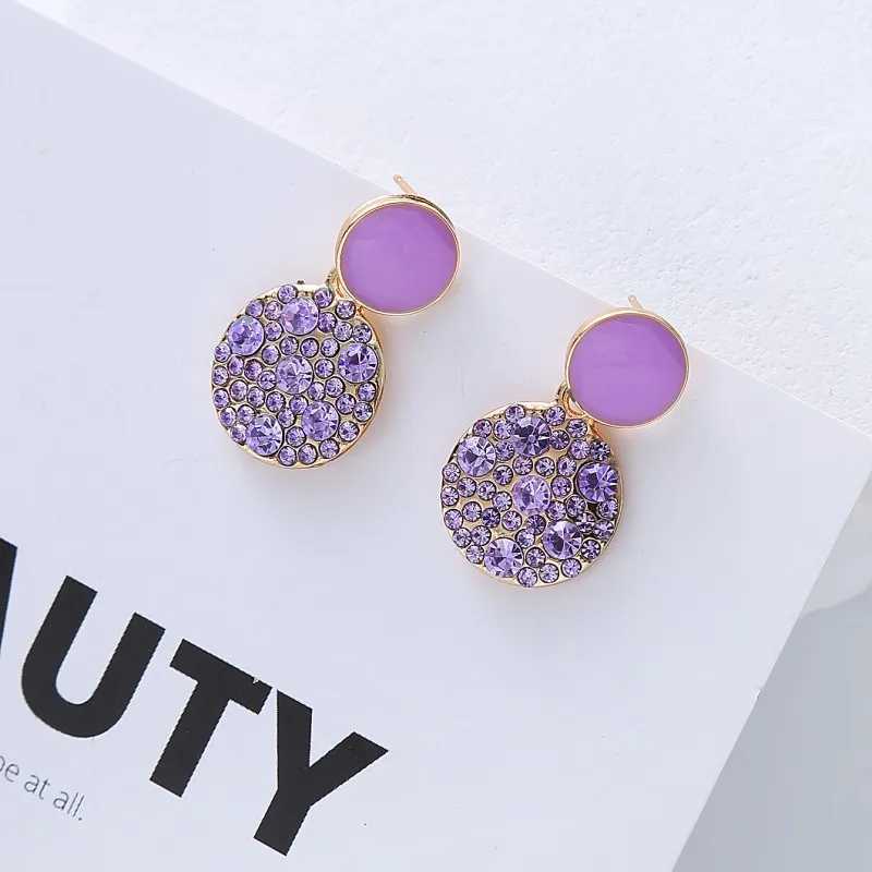 Charm Trendy Purple Rhinestones Drop Earrings for Women Enamel Oil Geometry Metal Round Dangle Earrings Party Jewelry Wholesale Gift