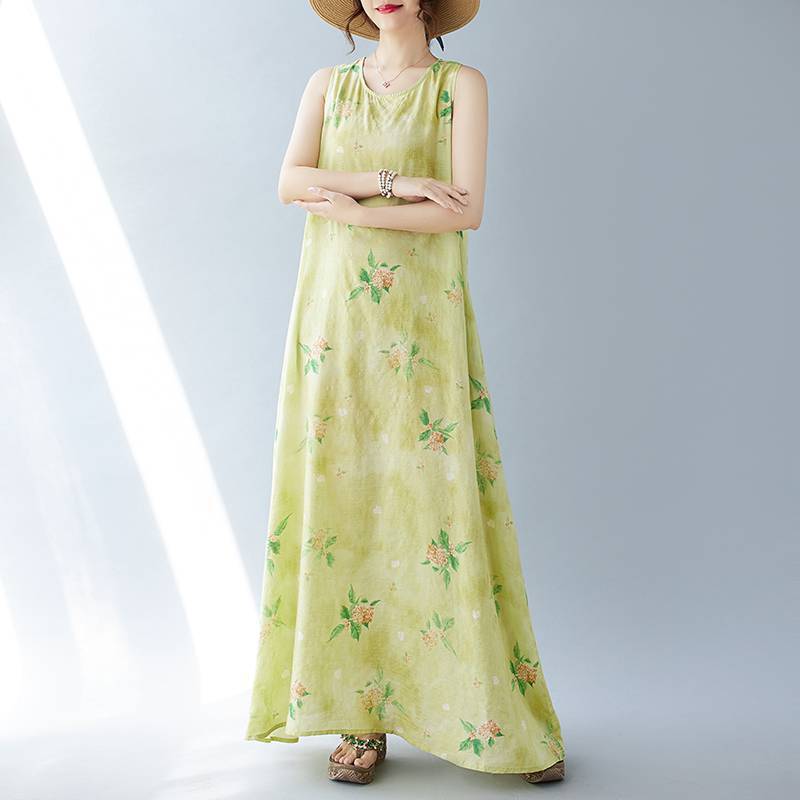 Sleeveless round neck printed dress, oversized women's new Bohemian vacation summer