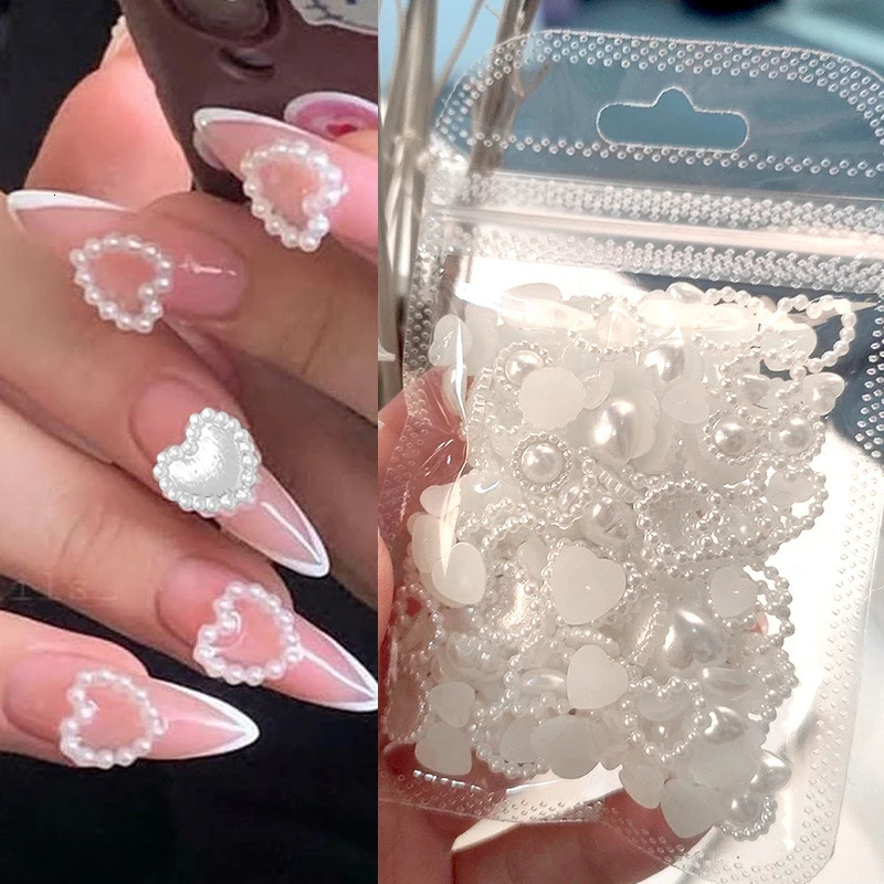 100 pieces/200 pieces mixed pearl nails Rhinestone 3D semi-circular pearl beads colored love star nails charming nail art DIY 240625