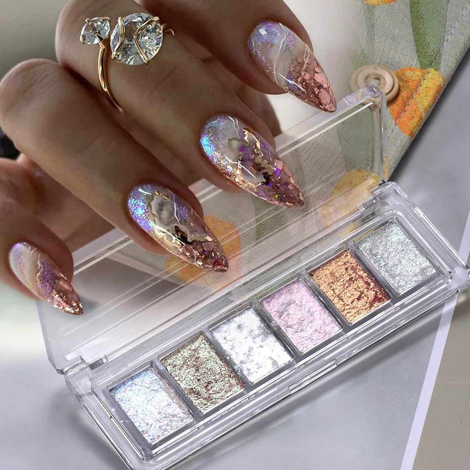 6 Colors Super Bright Bling Mud Solid Nails Pigment Fire Opal Crystal Chrome Glitter Powder Iridescent Rub Paste Manicure Decor 240625