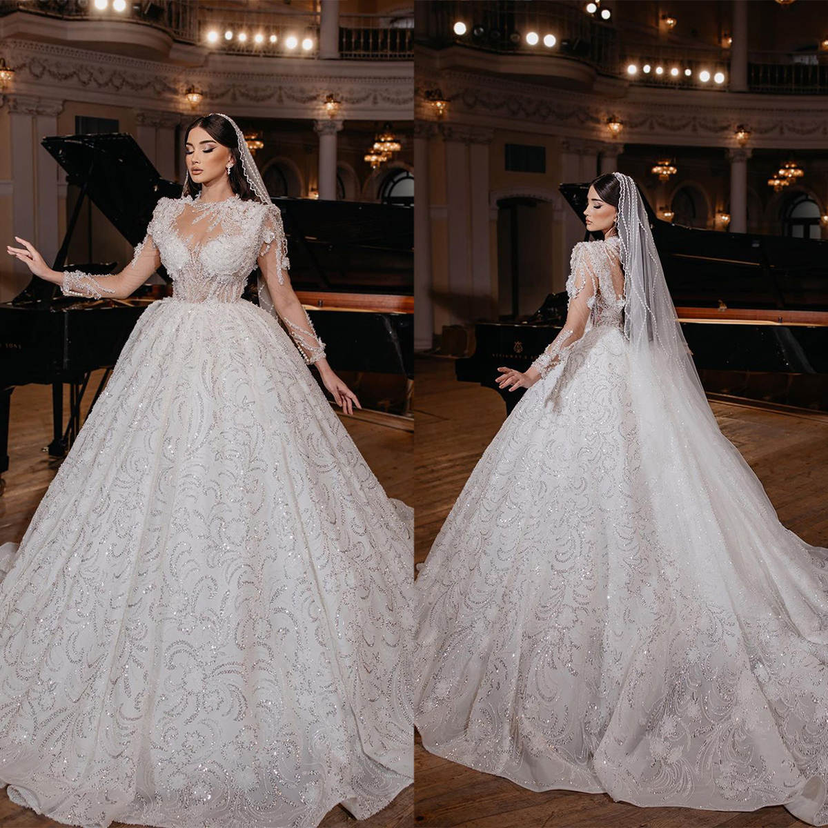 Elegant A Line Women Wedding Dress High Collar Long Sleeves Bridal Gown Sequins Appliques Sweep Train Dresses Custom Made