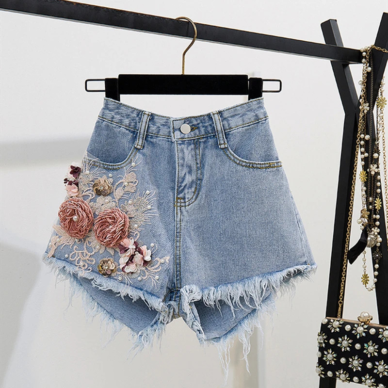 Fashion Cotton TShirt Tops Short Jeans 2 Pieces Sets Summer Womens Denim Pants Outfits 3D Flowers Beading Suits 240618