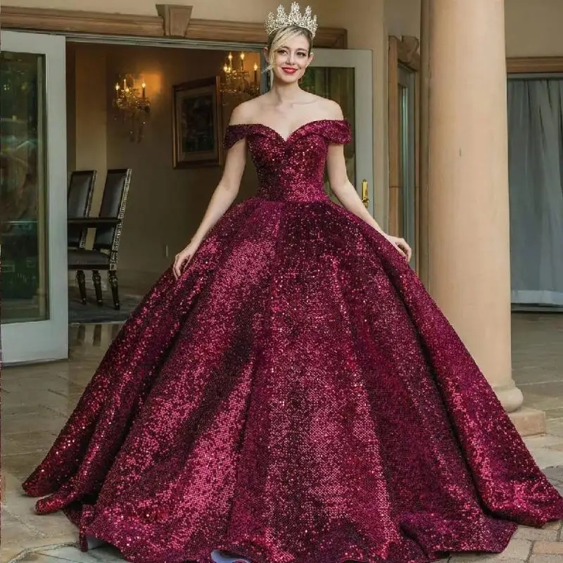 Luxury Quinceanera Dress V-Neck Sequin Off The Shoulder Party Birthday Dress 2025 Ball Gown Floor Length Sweep Train Lace Up Prom Dress