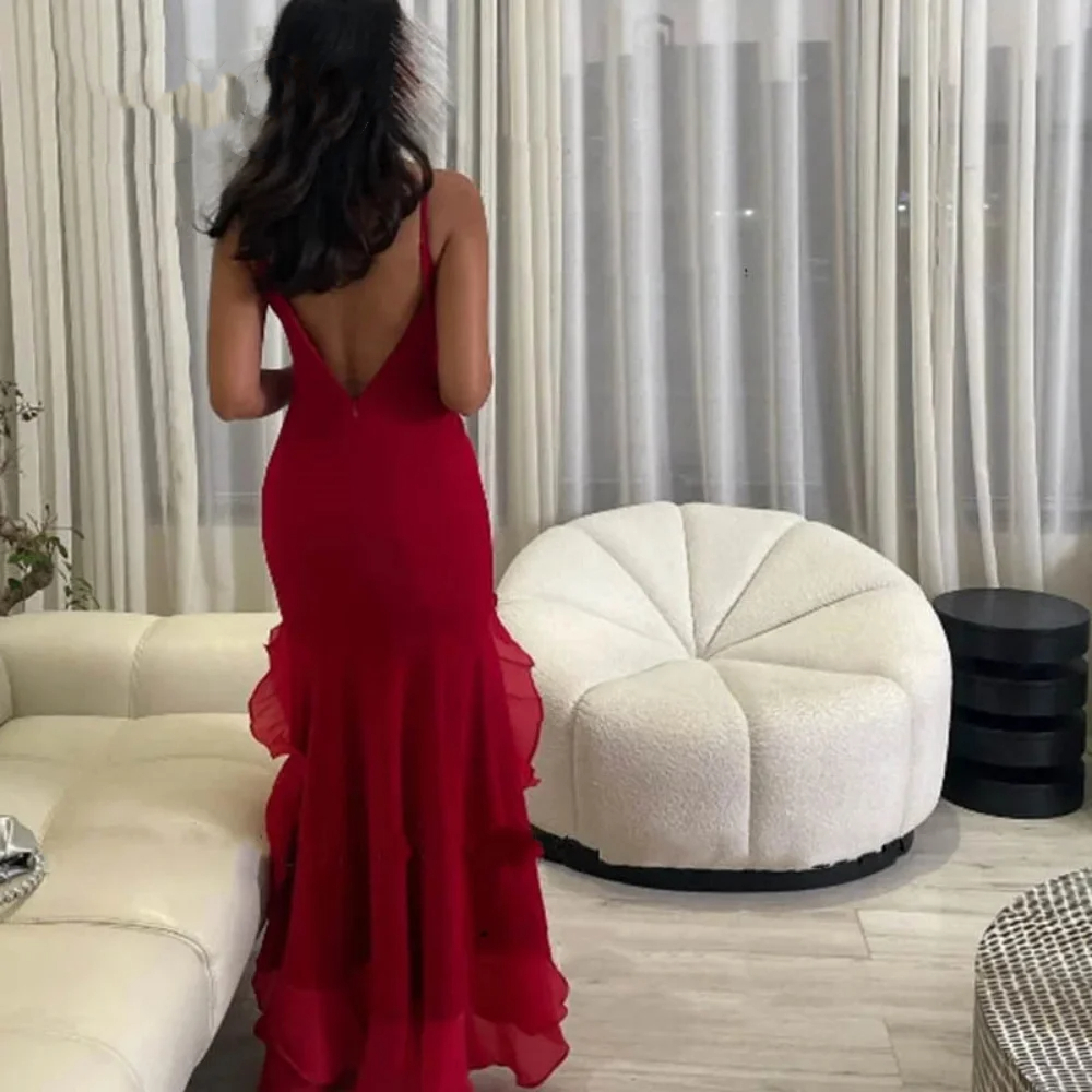 Hi-Lo Prom Dresses Elegant Mermaid Backless Spaghetti Chiffon Scoop Ruffles Plus Size Formal Occasion Evening Party Gown Pd28