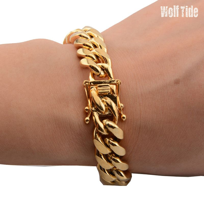 Wolf Tide 8-18mm Cuban Chain Bracelet Gold Stainless Steel Box Lock Curb Link Chains Bracelets Charm Hip Hop Rock Jewelry Bangles Miami Rapper Gifts for Men Bijoux