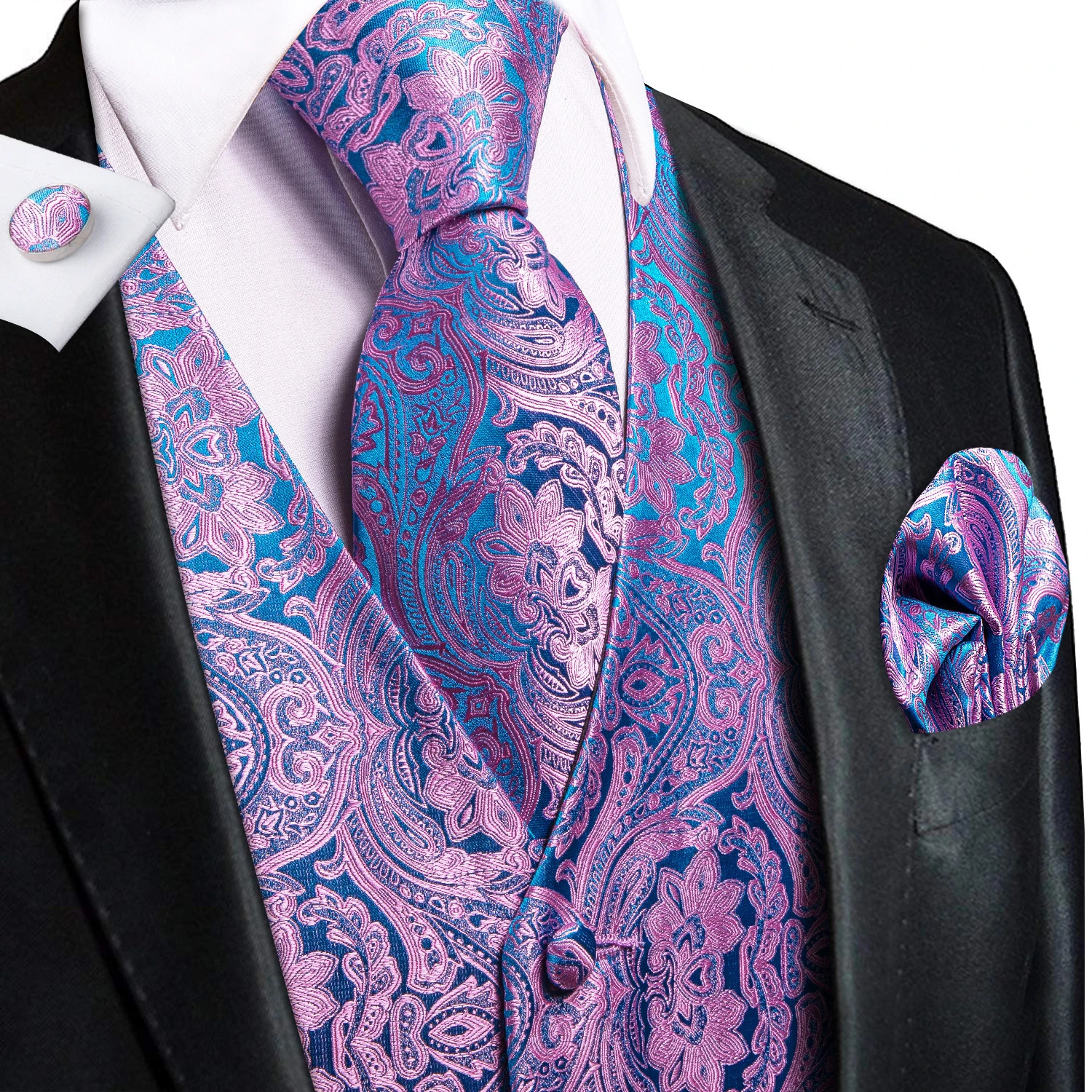 Wedding Purple Silk Men Vest Paisley Slim Fit Necktie Hankerchief Cufflinks Sets Male Sleeveless V-Neck Waistcoat Party Hi-Tie 240615
